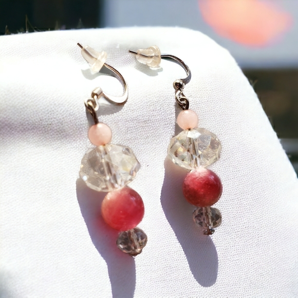 Handcrafted Rose Quartz & Crystal Beaded Drop Earrings - Picture 3 of 7